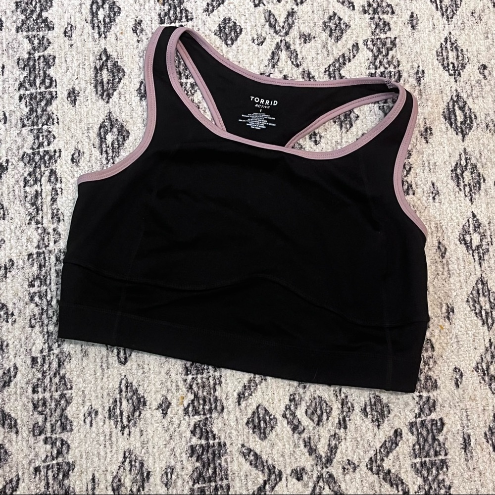 Torrid active black sports bra with pink lacing detail